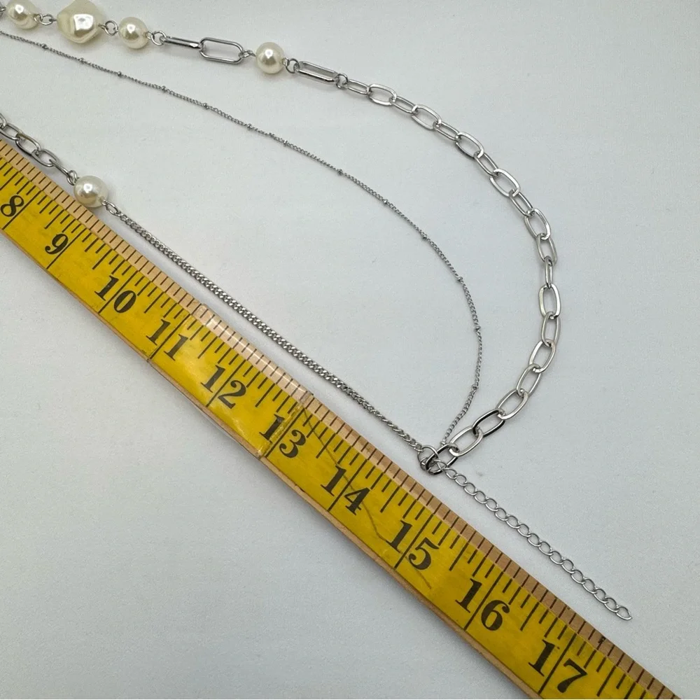 Layered Faux Pearl Chain Necklace Silver Modern Multi Chain Statement Necklace